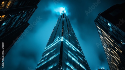 low angle view a tower building all iluminated by LED lights in the middle of London photo