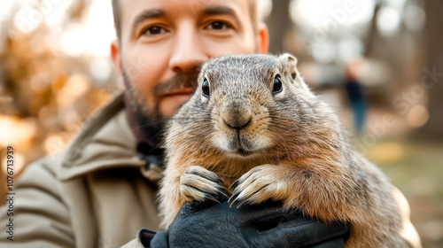 A man holds a ground hog close to his chest. photo