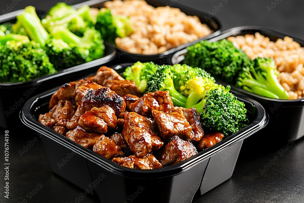 Fototapeta premium Healthful Meal Selection with Lean Beef Stir-Fry, Steamed Broccoli, and Brown Rice in Black Takeout Boxes