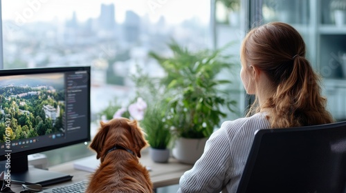 A woman and her dog look out from behind a desk at a computer, contemplating a beautiful urban cityscape with greenery in the background, indicating peaceful work. photo