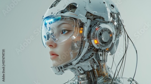 Portrait photography of a cyborg astronaut woman head without a body, connected by cables