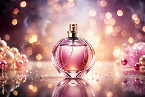 Delicate pink perfume bottle adorned with enchanting floating droplets, beautifully reflecting light, complemented by a soft, blurred backgroundâ€”perfect for luxury fragrances and aromatic beauty pro