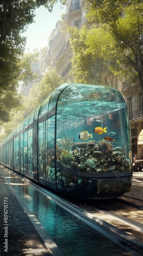 A hyper-realistic glass tram, designed like a giant aquarium, moving smoothly along the streets of an elegant and luxurious photo