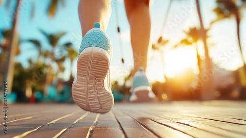 An athletic shoe is captured in motion against a sunlit boardwalk with palm trees, highlighting speed and activity in a warm, tropical environment. photo