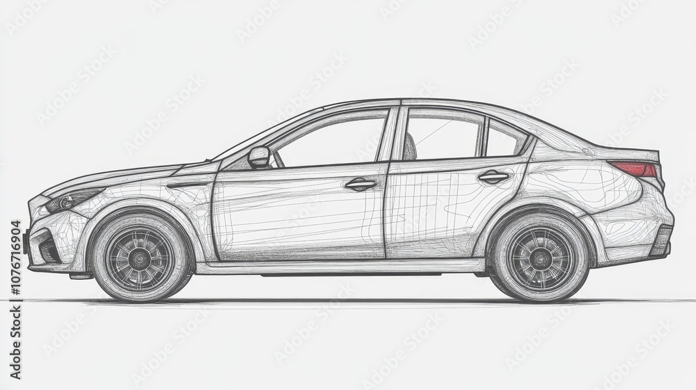 Fototapeta premium Modern car design technical illustration side profile intricate technical details clean engineering lines isolated on white automotive focus