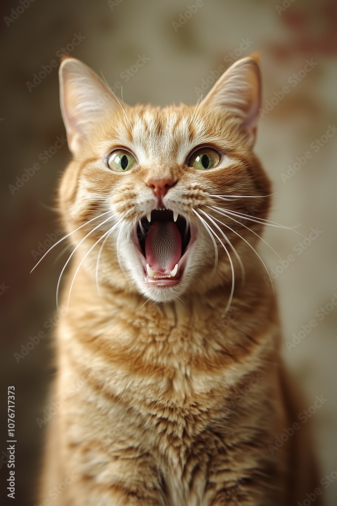 Fototapeta premium An orange tabby cat is indoors, mouth open, showing sharp fangs, looking fierce yet adorable.