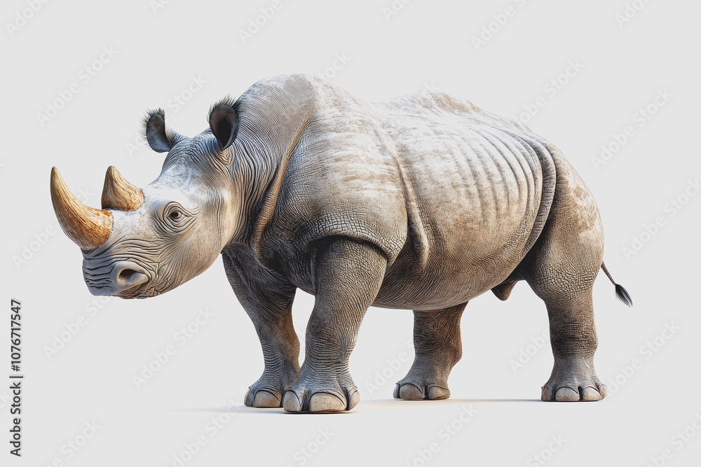 Fototapeta premium Realistic of a Rhinoceros Isolated on White Background, Perfect for Safari or Wildlife-Themed Projects and Educational Materials