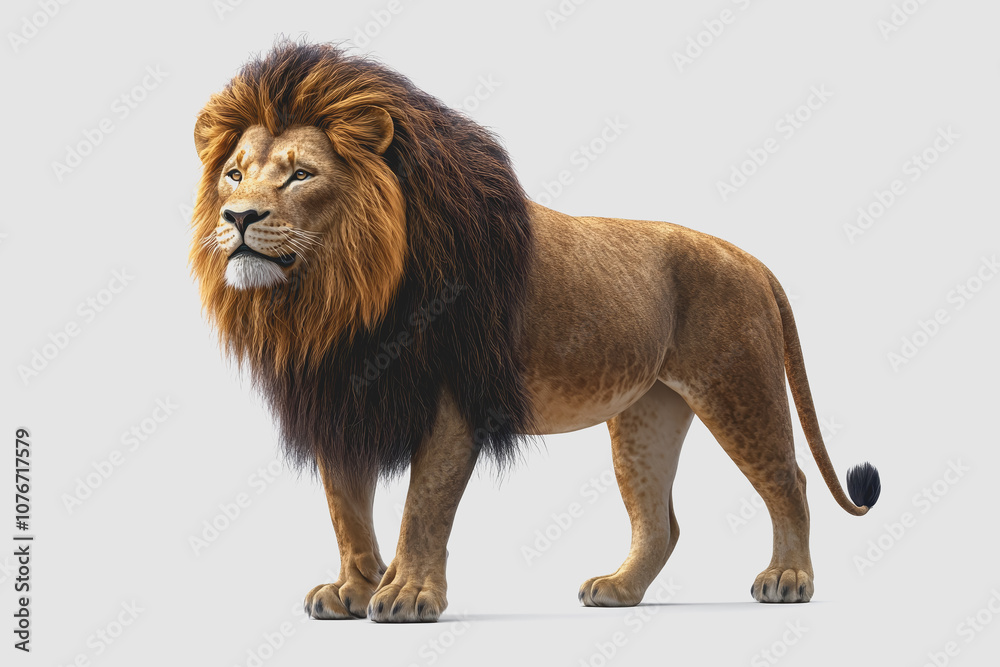 Fototapeta premium Impressive of a Majestic Lion Standing Isolated Against a White Background, Perfect for Nature and Wildlife Themes in Safari Contexts