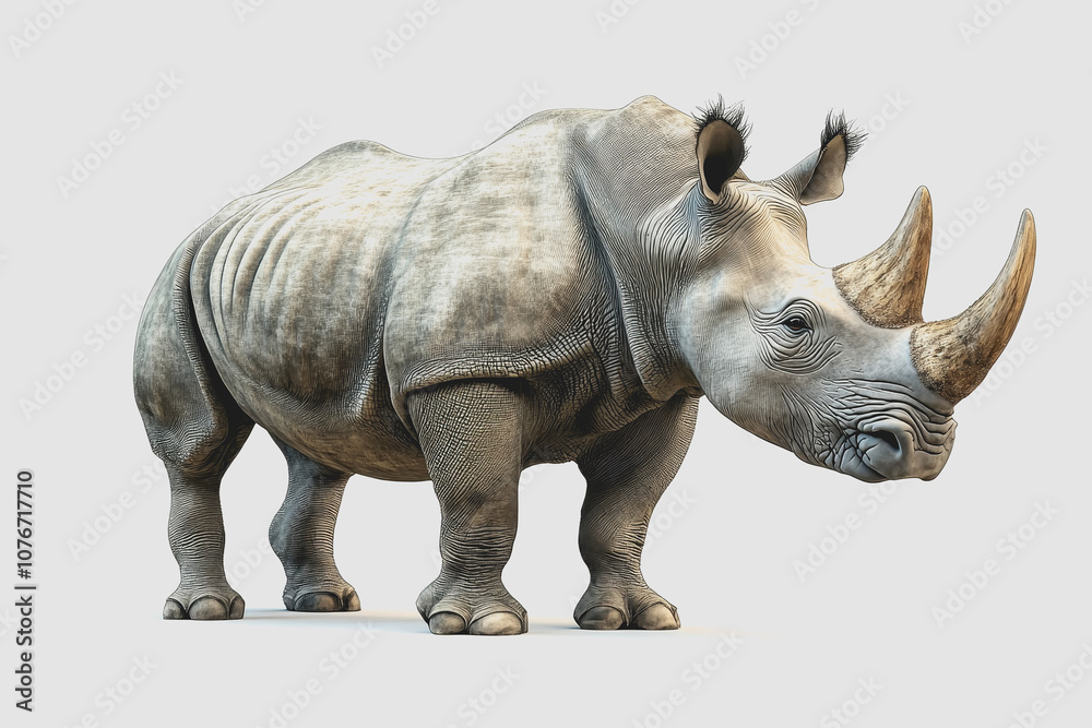 Obraz premium Realistic Illustration of a Rhinoceros Isolated on White Background, Perfect for Education and Wildlife Conservation Themes