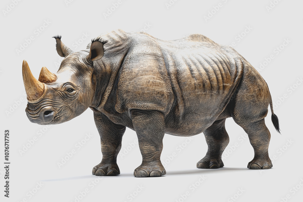 Fototapeta premium Detailed of a Rhino Isolated on a White Background, Perfect for Nature and Wildlife Projects or Educational Materials