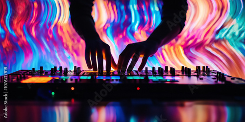 A DJ works on a console with hands over a colorful, dynamic backdrop, symbolizing music and technology fusion.