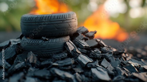 Tires are seen burning alongside chunks of coal, set against a backdrop of an orange-hued sky, creating a dramatic representation of decay and chaos. photo