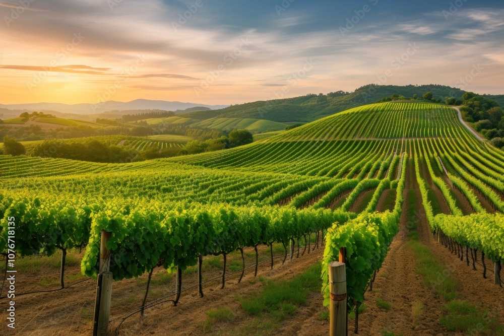 Obraz premium Vineyard field in the morning hours outdoors nature farm.