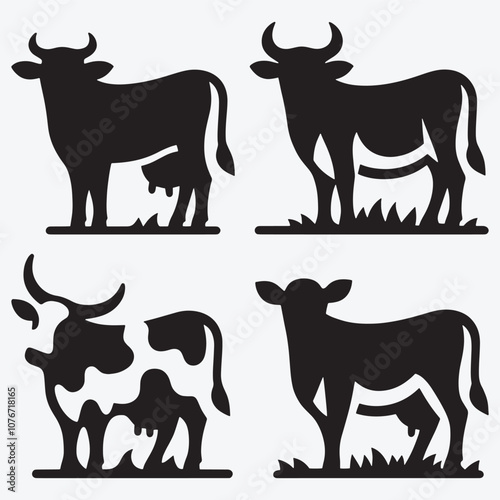 Cow Black Silhouette Bundle Clip Art Vector Illustration Isolated on White Background