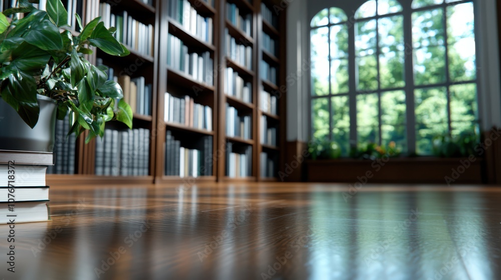 Obraz premium A cozy library corner with a wooden floor, lined with towering bookshelves full of diverse books, basking in natural light from a large window in the background.