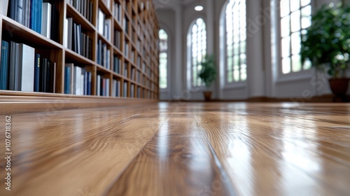 A beautifully lit library hallway with extensive wooden bookshelves, adorned with lush green plants, leading to a large window at the end with natural light inside.