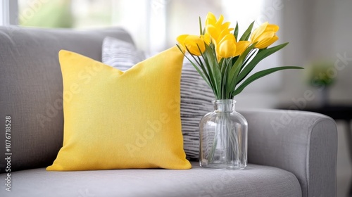 A single yellow cushion and a clear vase with tulips bring bright accents to a minimalist gray sofa, providing a modern touch in a serene living space. photo