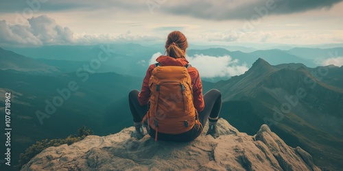 A solitary hiker with a backpack sits on a cliff edge, admiring vast mountain landscapes under a cloudy sky.