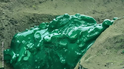 Thick, green liquid oozes down a dirt mound, forming a sticky, viscous texture. The scene highlights concerns about industrial waste and environmental impact