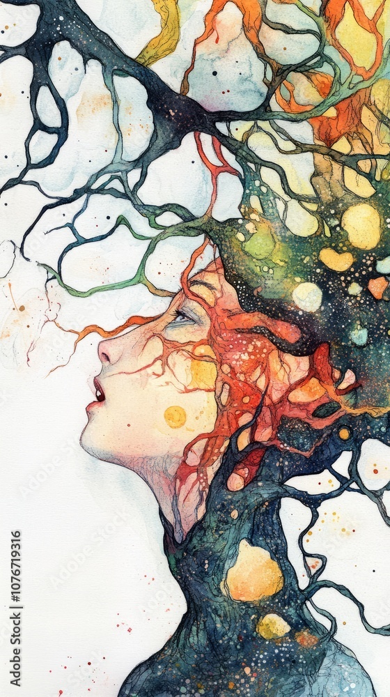 A woman with red hair and a tree on her head A woman with red hair and a tree on her head