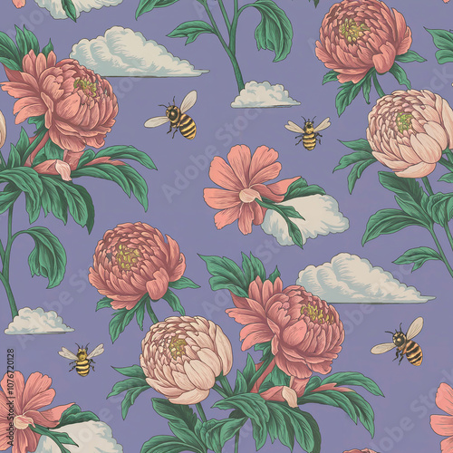 Wallpaper Mural pink flowers and bees in the violet sky Torontodigital.ca