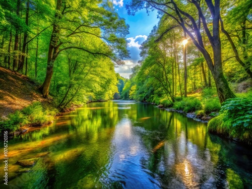 Serene River Flowing Through Lush Forest with High Dynamic Range Lighting