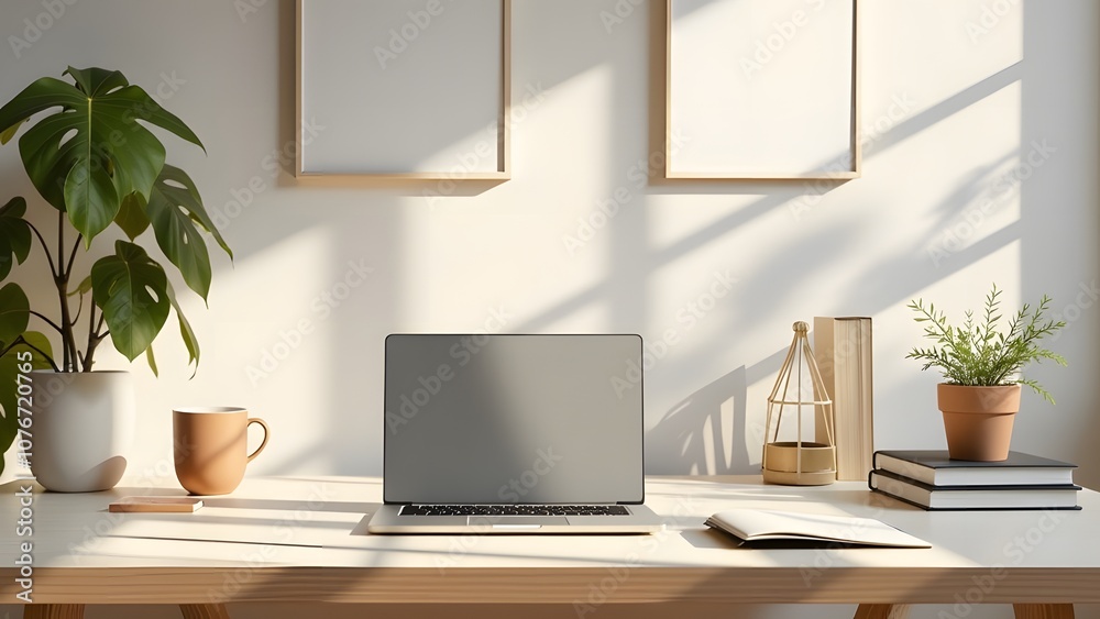This is a minimalist home office setup featuring a sleek laptop and a variety of plants This is a minimalist home office setup featuring a sleek laptop and a variety of plants