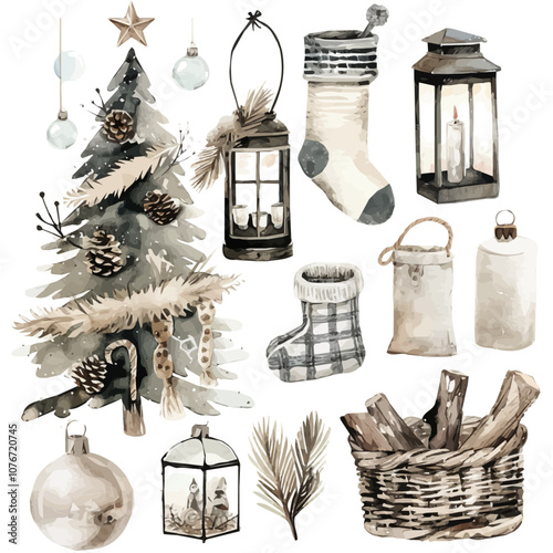 Beige, black, and white color set, Watercolor Christmas ornaments clipart. Winter farmhouse illustration. Christmas tree, gnome, garland, firewood basket, vintage lantern, socks,bubbles, candle.vector