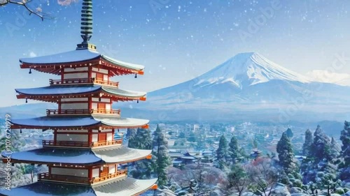Kuramadera Temple in Kyoto among mountains with snow falling in winter day