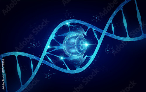 Eye DNA gene cell double helix blue. Genetic synthetic biology combined. Anatomy organ glowing polygonal. Code analysis thymine, adenine, guanine, cytosine. Medical science background vector.