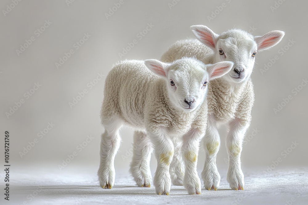 Fototapeta premium Two adorable lambs standing together against a soft, neutral background.