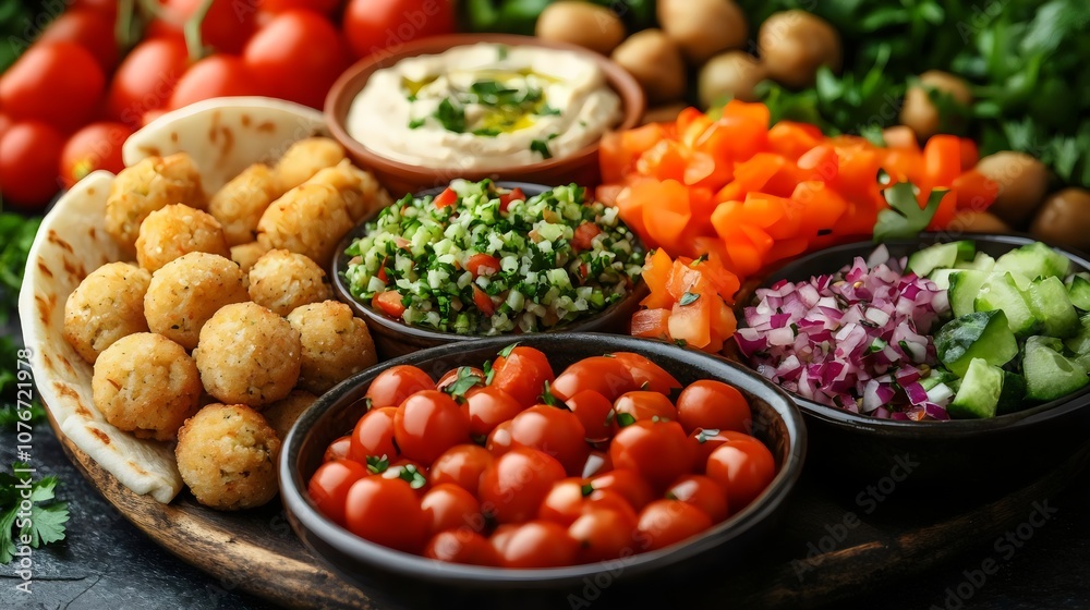 A variety of vegetables and dips are displayed on a wooden tray A variety of vegetables and dips are displayed on a wooden tray