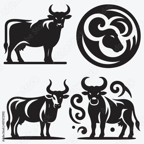 Cow Black Silhouette Bundle Clip Art Vector Illustration Isolated on White Background