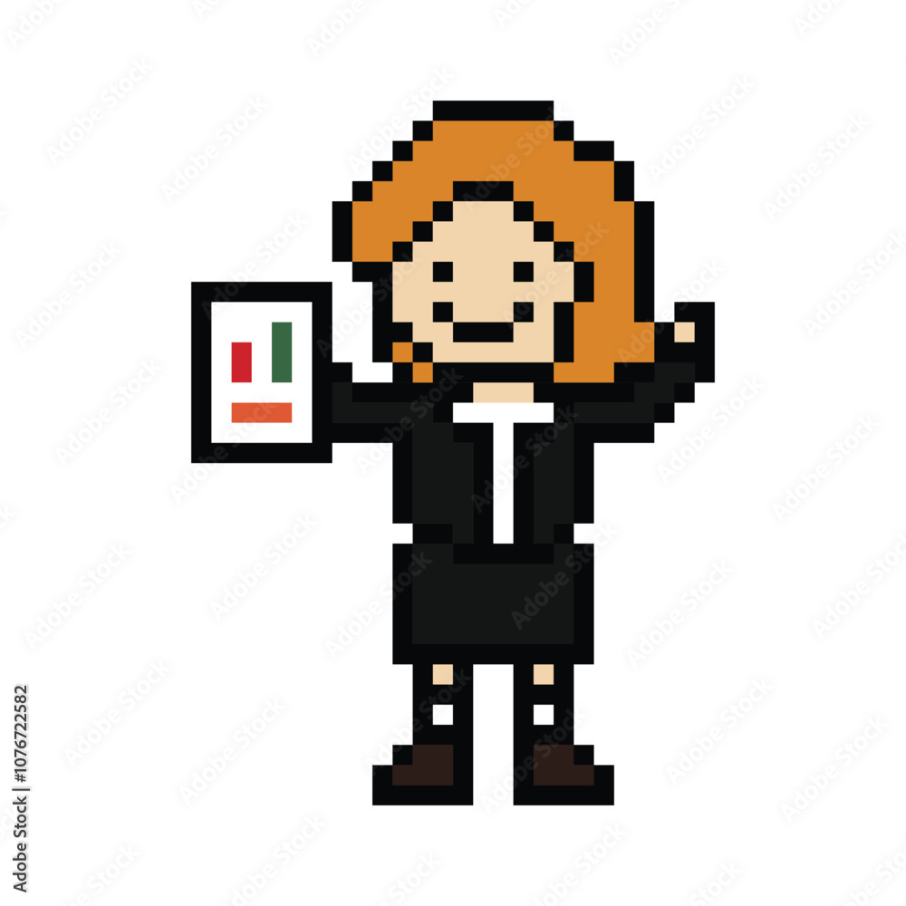 Obraz premium Cartoon cute pixel cartoon 8bit character business woman office smart work game for decoration business 8 bit female lady teacher businesswoman career smart character game png vector.