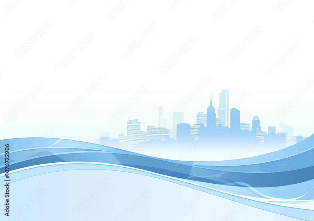 Fototapeta premium Blue background with white buildings, blue waves, and city skyline presentation design template. Blue wave abstract technology business banner concept with a modern geometric pattern
