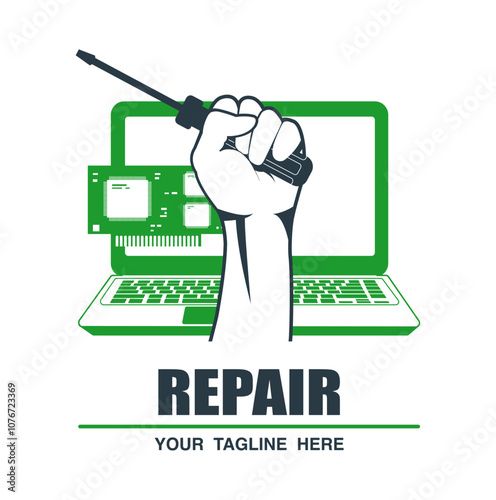 Concept illustration of a logo computer repair service. Hand squeezes a screwdriver. Vector illustration.