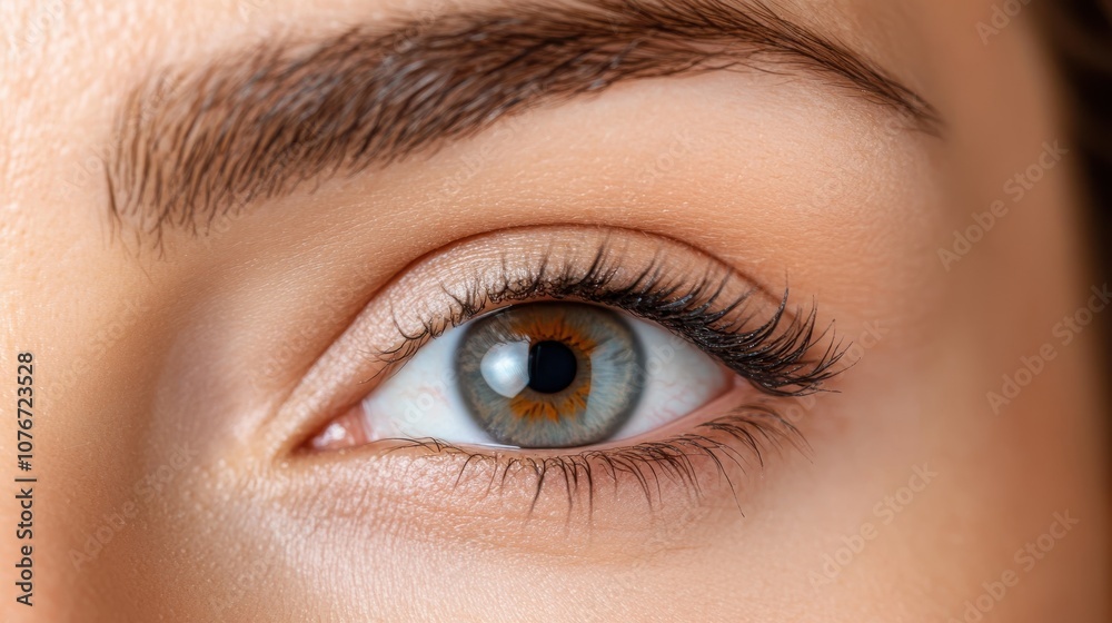 Obraz premium A striking close-up image of a woman's eye, highlighting the intricate detail of the iris, eyelashes, and eyebrow, showcasing natural beauty enhancements.
