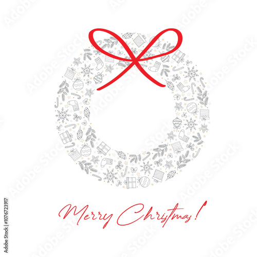 New Year's card for Christmas with a Christmas wreath in a minimalist style. Illustration in a hand-drawn style.