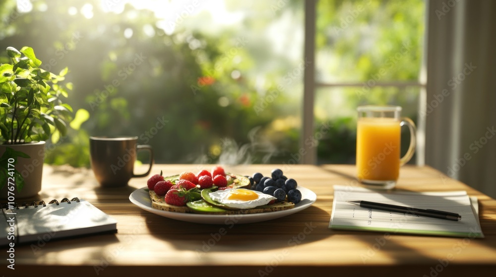 A cozy breakfast scene featuring eggs, fruit, and drinks in a sunlit setting. A cozy breakfast scene featuring eggs, fruit, and drinks in a sunlit setting.