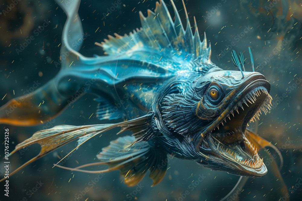 Terrifying scary sea monster in dark depths of deep ocean Terrifying scary sea monster in dark depths of deep ocean