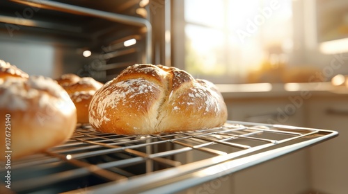 Golden artisanal bread with a rustic texture cools on an oven rack, bathed in the warm sunlight streaming into a charming kitchen space. photo