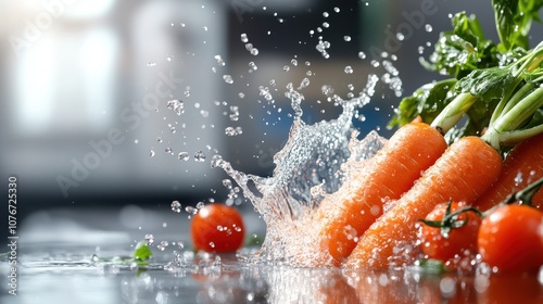 Fresh carrots and tomatoes captured amidst a dynamic spray of water, emphasizing their crisp and natural essence, enhanced by a rich green environment. photo