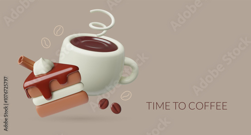 3d coffee break banner with cup of black coffee and chocolate cake. White mug with hot tea cake piece three dimensional vector cafe background design. 