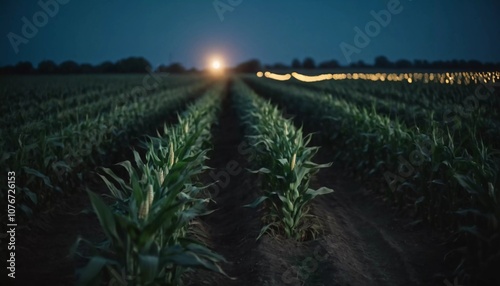 Maize agriculture theme. Corn field at night in rural area. Lighting by lantern. Path or furrow between corn plants. Maize Zea mays, corn is tall stout grass that produces cereal grain. Generative AI photo