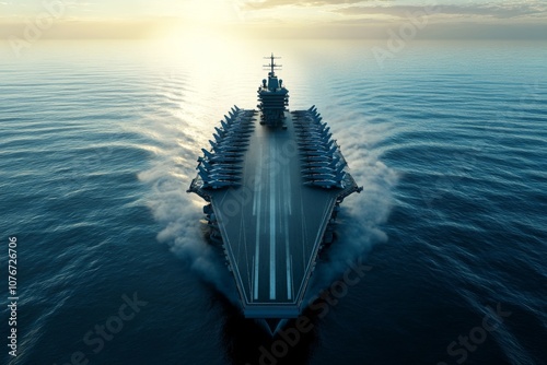 Aerial view of an aircraft carrier . a bird's-eye military ship.	
 photo