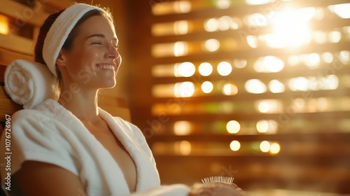 A woman smiles with eyes closed, wearing a towel robe and headband, basking in the warm glow of a sauna, symbolizing relaxation and personal well-being.