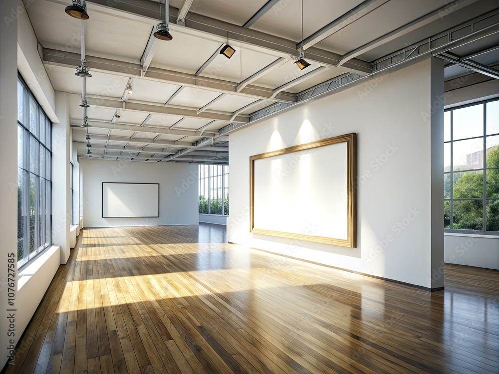 Fototapeta premium Spacious Modern Art Gallery with Natural Light and Empty Frame for Artistic Inspiration