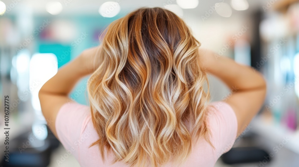 A person with wavy blonde hair from the back in a modern salon setting. The lighting creates a warm ambiance, highlighting the shades and curls of the hairstyle. A person with wavy blonde hair from the back in a modern salon setting. The lighting creates a warm ambiance, highlighting the shades and curls of the hairstyle.