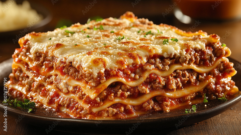 Delicious homemade lasagna served on a rustic wooden plate, showcasing layers of meat, cheese, and fresh herbs with a warm ambience. Delicious homemade lasagna served on a rustic wooden plate, showcasing layers of meat, cheese, and fresh herbs with a warm ambience.
