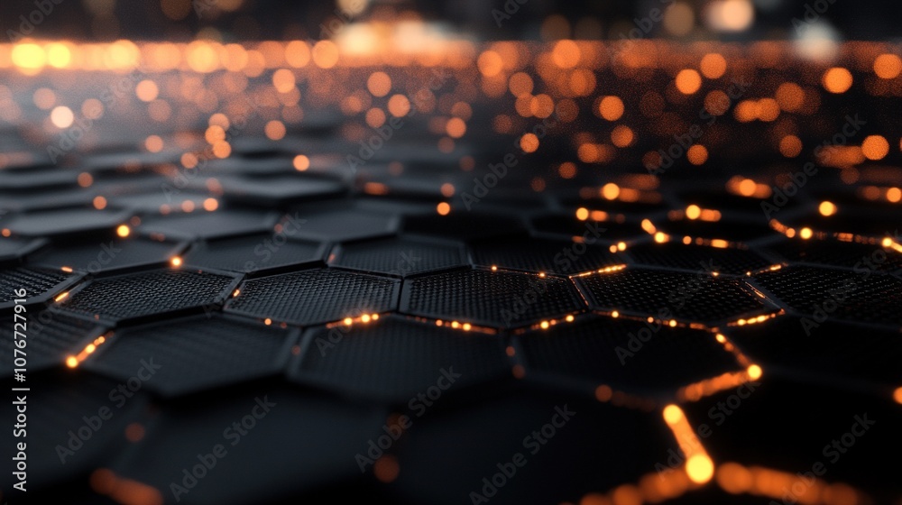 Obraz premium Abstract hexagonal pattern with glowing elements on a dark surface.